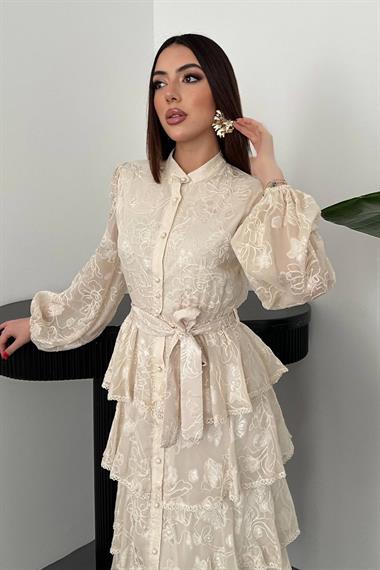 Toptan Bej Kat Kat Volanlı Elbise