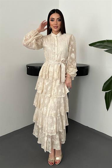 Toptan Bej Kat Kat Volanlı Elbise