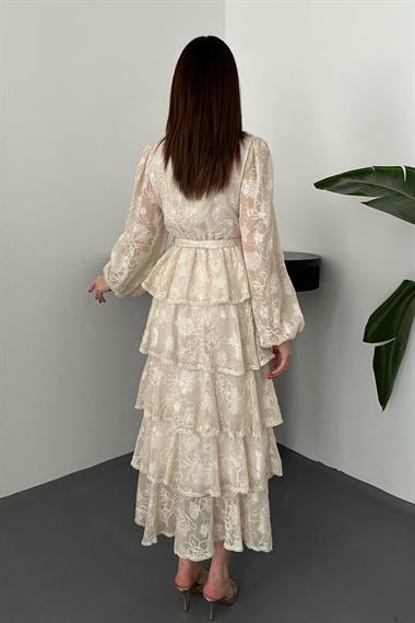 Toptan Bej Kat Kat Volanlı Elbise