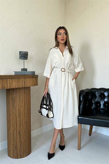 Toptan Bej Kemerli Elbise