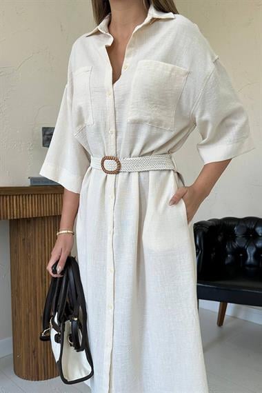 Toptan Bej Kemerli Elbise