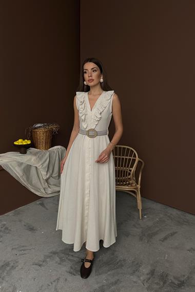 Toptan Bej Kemerli Keten Elbise