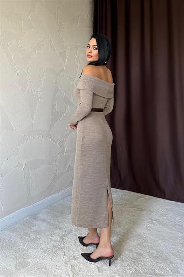 Toptan Bej Kemerli Triko Elbise