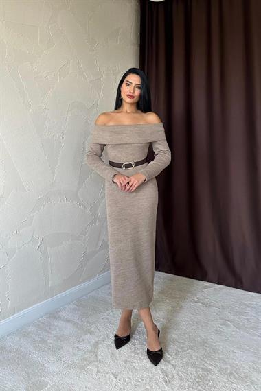 Toptan Bej Kemerli Triko Elbise