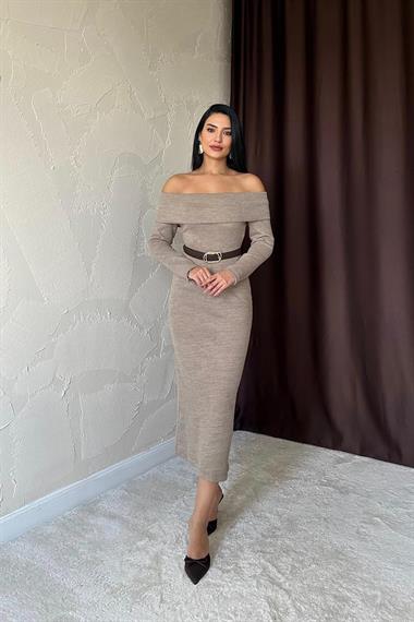 Toptan Bej Kemerli Triko Elbise