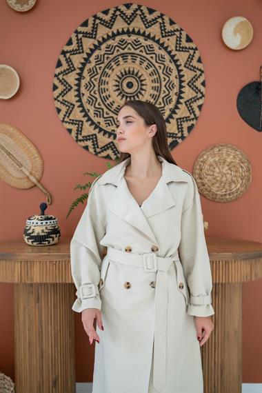 Toptan Bej Kemerli ve Düğmeli Trençkot