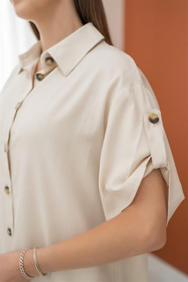 Toptan Bej Keten Karışımlı Gömlek Elbise