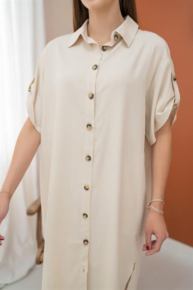 Toptan Bej Keten Karışımlı Gömlek Elbise