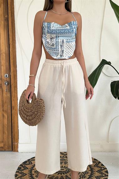 Toptan Bej Keten Pantolon