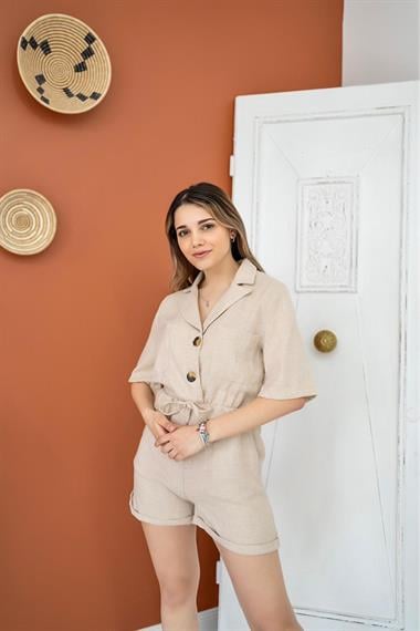 Toptan Bej Keten Yazlık Tulum