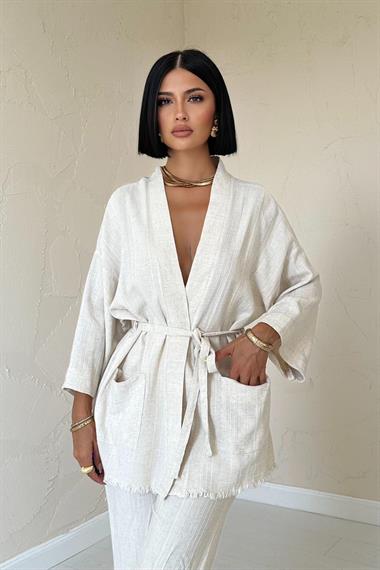 Toptan Bej Kimono Ve Pantolon Takım
