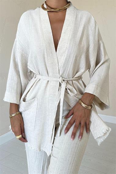 Toptan Bej Kimono Ve Pantolon Takım