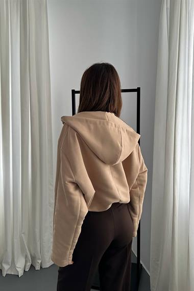 Toptan Bej Kısa Kapüşonlu Ceket