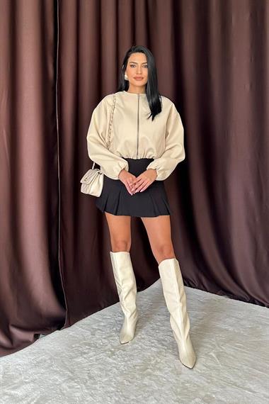 Toptan Bej Kısa Önü Fermuarlı Bomber Ceket