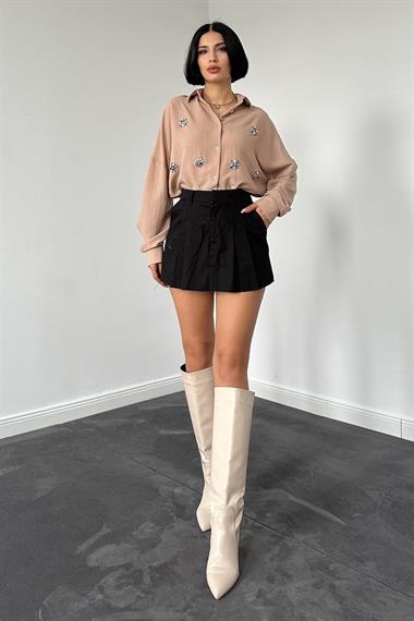 Toptan Bej Klasik Kalıp El İşlemeli Gömlek