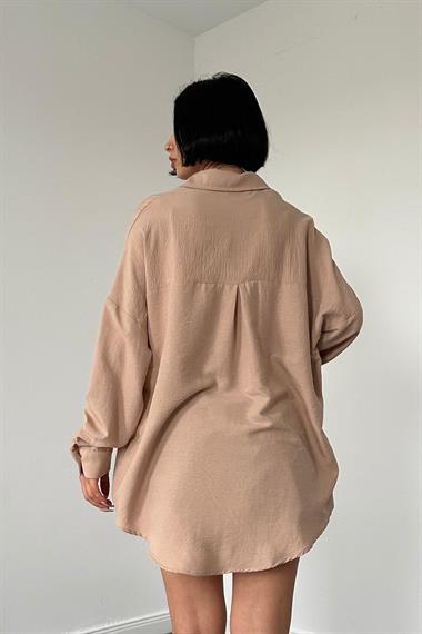 Toptan Bej Klasik Kalıp El İşlemeli Gömlek