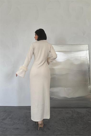 Toptan Bej Kol Ucu Tüylü Elbise