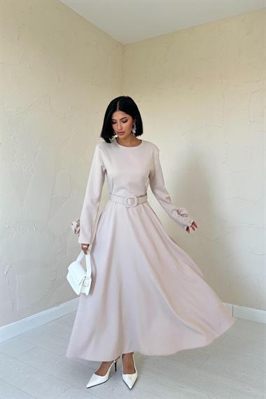 Toptan Bej Kolları Güllü A-Line Elbise