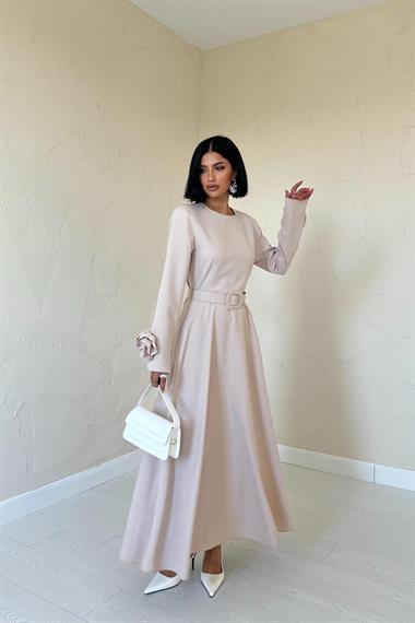 Toptan Bej Kolları Güllü A-Line Elbise