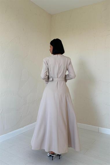 Toptan Bej Kolları Güllü A-Line Elbise