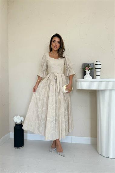 Toptan Bej Kolu Lastikli Brode Elbise