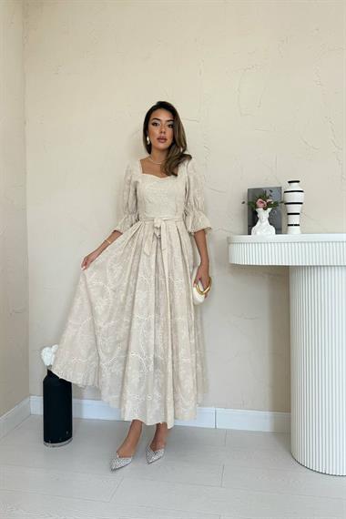 Toptan Bej Kolu Lastikli Brode Elbise