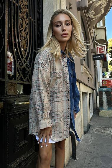 Toptan Bej Kot Garni Parçalı Gömlek