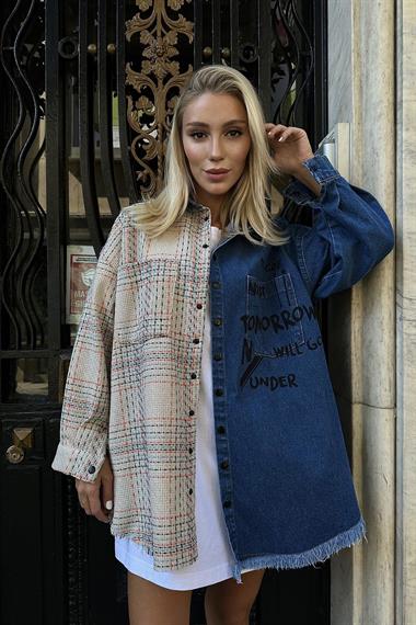 Toptan Bej Kot Garni Parçalı Gömlek