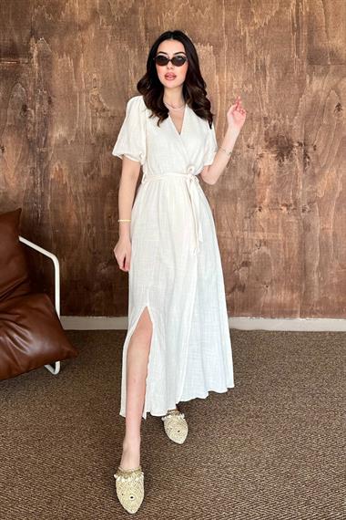 Toptan Bej Kruvaze Yaka Müslin Keten Elbise