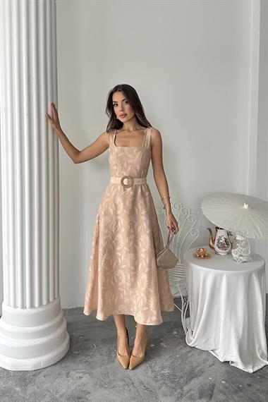 Toptan Bej Kuplu Uzun Elbise