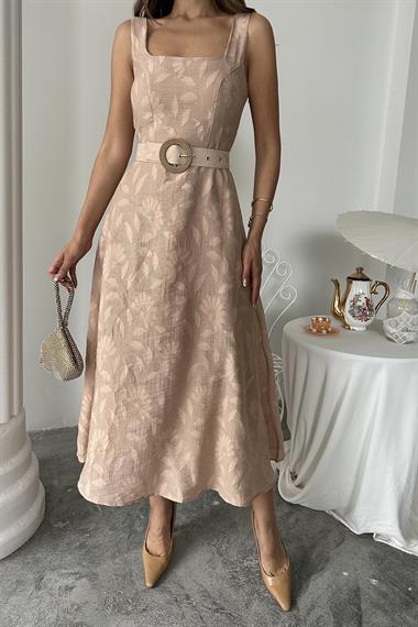 Toptan Bej Kuplu Uzun Elbise