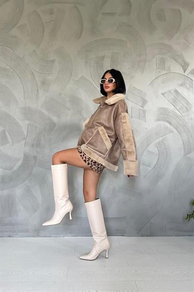 Toptan Bej Kürklü Kaban