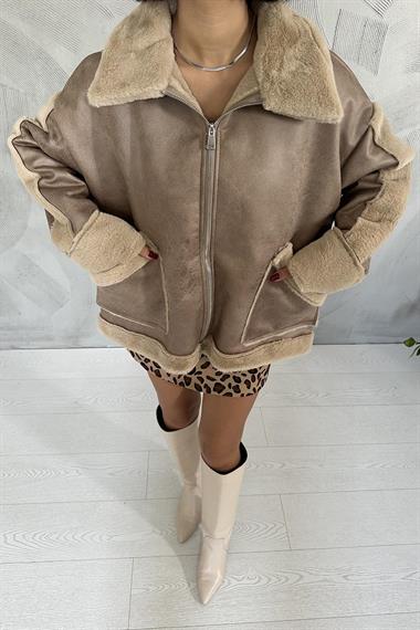 Toptan Bej Kürklü Kaban