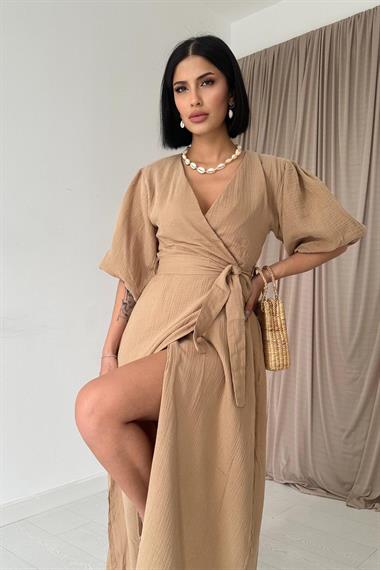 Toptan Bej Kuşaklı Müslin Elbise