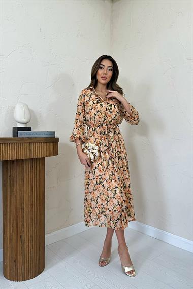 Toptan Bej Kuşaklı Şifon Elbise