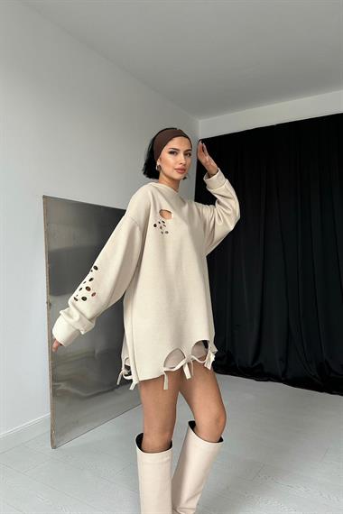 Toptan Bej Lazer Kesim Bluz