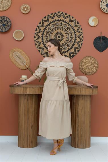 Toptan Bej Madonna Yaka Elbise