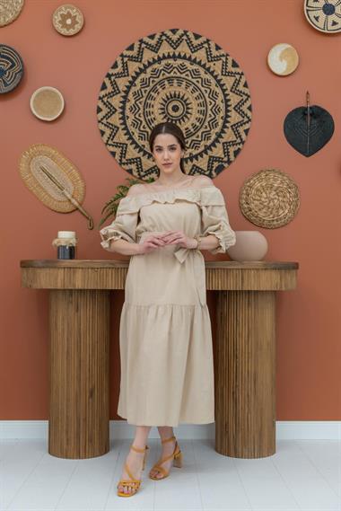 Toptan Bej Madonna Yaka Elbise