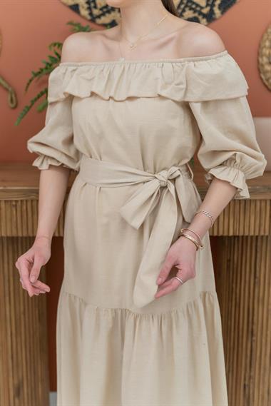 Toptan Bej Madonna Yaka Elbise