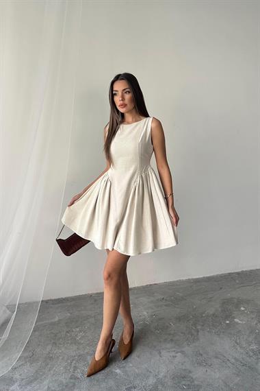 Toptan Bej Mini Boy Büzgülü Keten Elbise