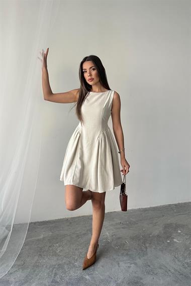 Toptan Bej Mini Boy Büzgülü Keten Elbise