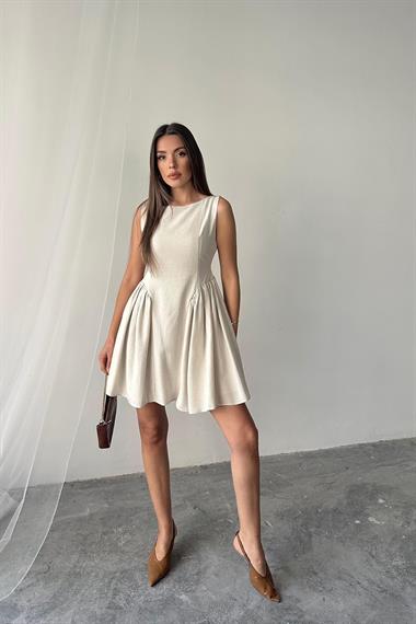Toptan Bej Mini Boy Büzgülü Keten Elbise