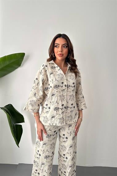 Toptan Bej Nakışlı Keten Takım