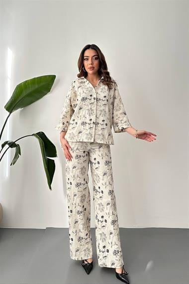 Toptan Bej Nakışlı Keten Takım