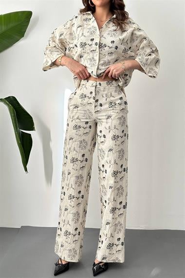 Toptan Bej Nakışlı Keten Takım