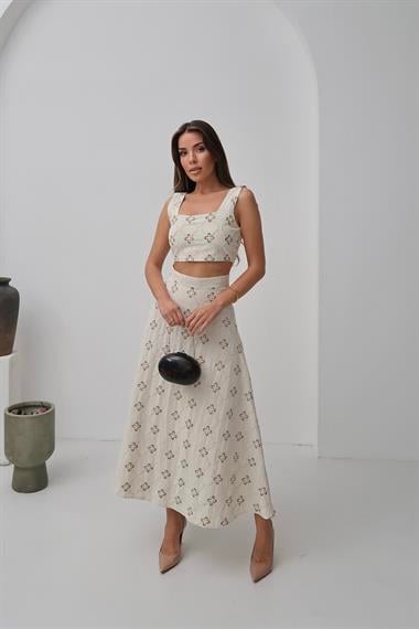 Toptan Bej Nakışlı Keten Takım