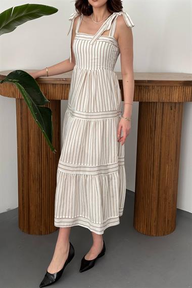 Toptan Bej Omuzdan Bağlamalı Çizgili Elbise