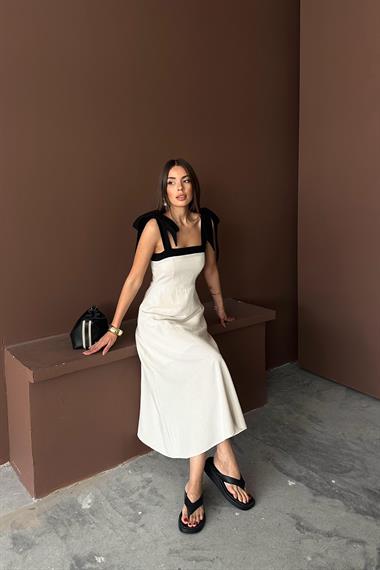 Toptan Bej Omuzdan Bağlamalı Keten Elbise