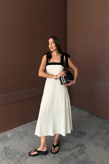 Toptan Bej Omuzdan Bağlamalı Keten Elbise