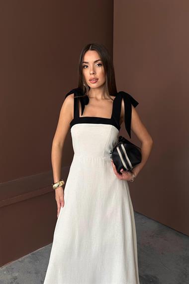 Toptan Bej Omuzdan Bağlamalı Keten Elbise